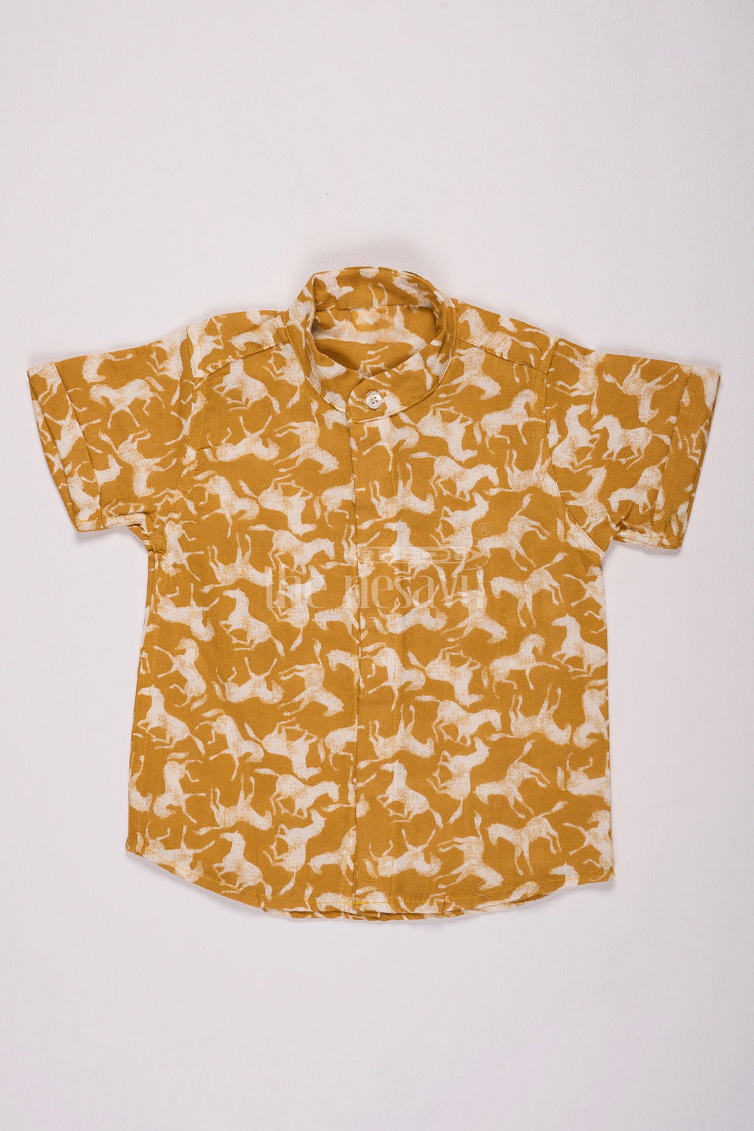 The Nesavu Boys Cotton Shirt Boys Mustard Muslin Cotton Shirt with White Horse Print for Christmas Nesavu 16 (1Y) / Multicolor BS210A-16 Nesavu Boys Mustard Muslin Cotton Christmas Shirt White Horse Print