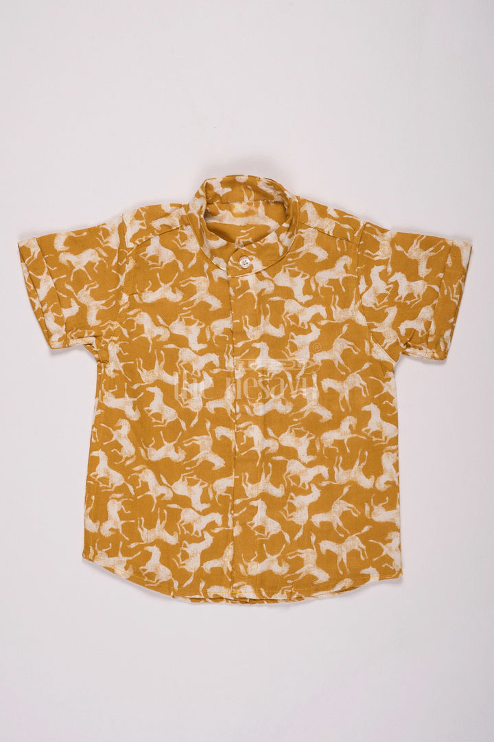 The Nesavu Boys Cotton Shirt Boys Mustard Muslin Cotton Shirt with White Horse Print for Christmas Nesavu 16 (1Y) / Multicolor BS210A-16 Nesavu Boys Mustard Muslin Cotton Christmas Shirt White Horse Print