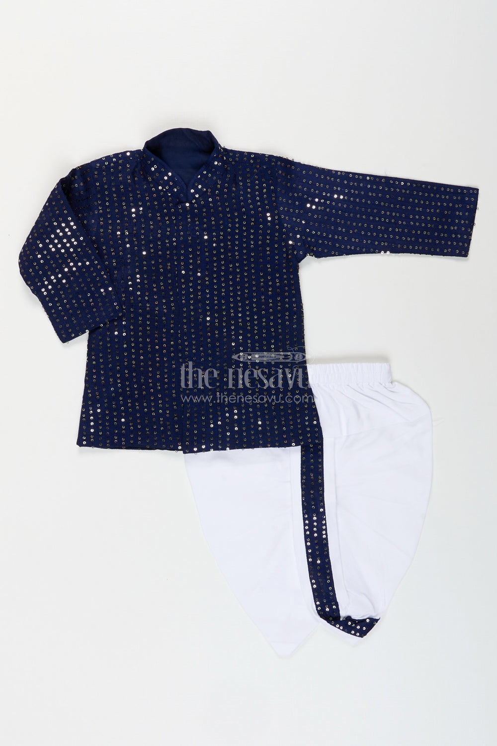 The Nesavu Boys Kurtha Set Boys navy blue sequin kurta set for weddings and festive occasions Nesavu 12 (3M) / Blue BES773A-12 Nesavu navy blue sequin kurta dhoti set boys  ideal weddings festive celebrations