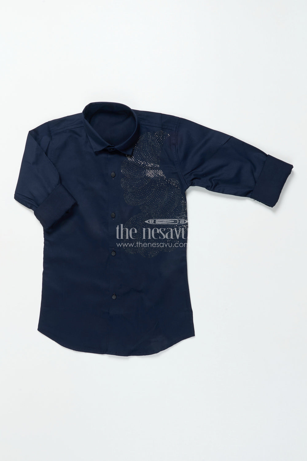 The Nesavu Boys Cotton Shirt Boys Navy Blue Shirt with Silver Abstract Print Cotton Blend formal Wear Nesavu 26 (6Y) / Blue BS350A-26 Boys navy blue shirt abstract print cotton blend formal shirt events
