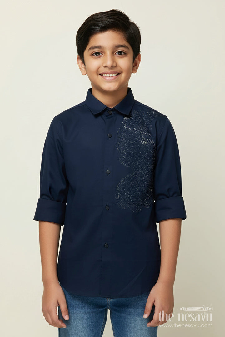 The Nesavu Boys Cotton Shirt Boys Navy Blue Shirt with Silver Abstract Print Cotton Blend formal Wear Nesavu 26 (6Y) / Blue BS350A-26 Boys navy blue shirt abstract print cotton blend formal shirt events