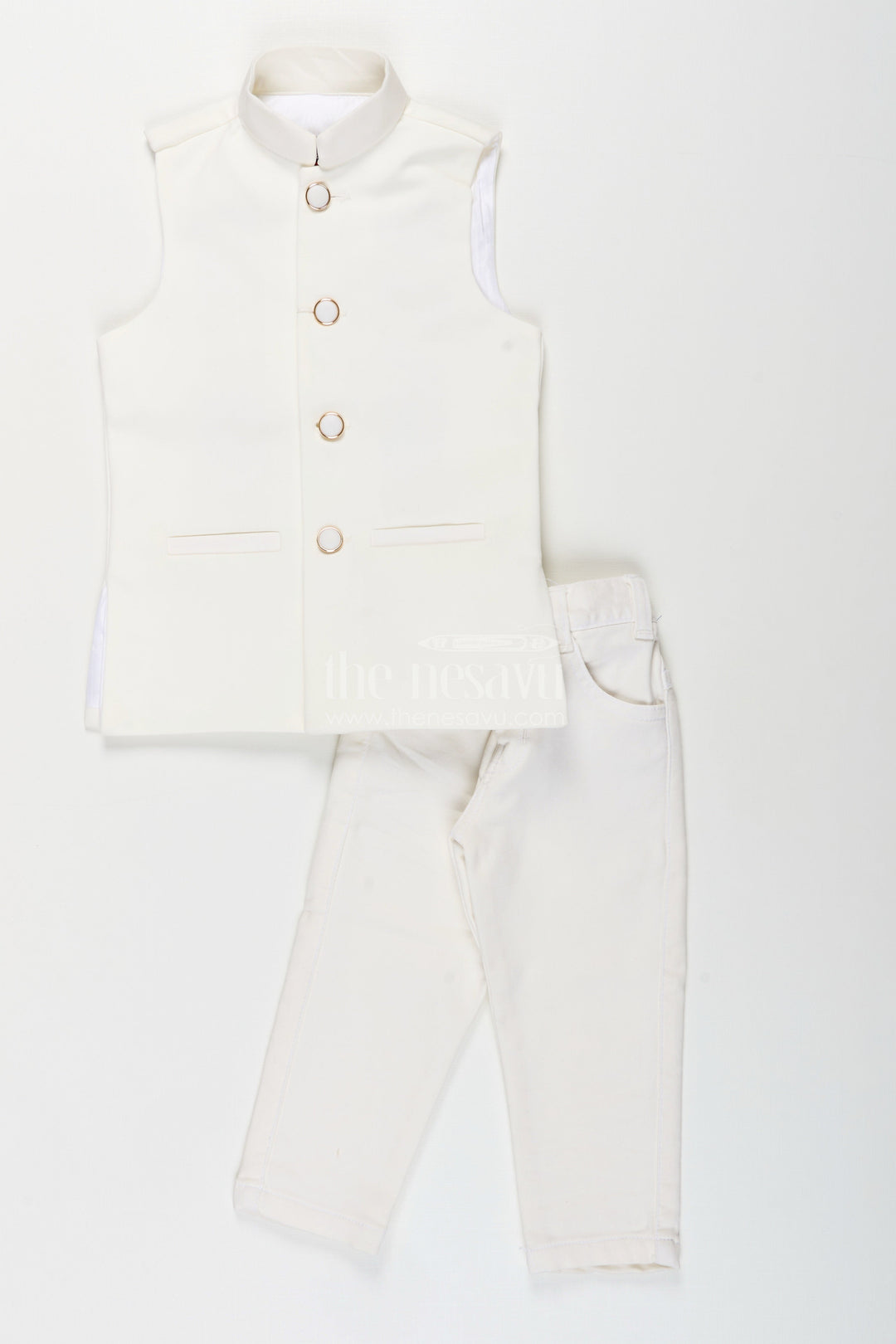 The Nesavu Boys Jacket Sets Boys navy jacket set with velvet floral embroidery and white kurta Nesavu Nesavu boys velvet jacket set in navy with white kurta and pants
