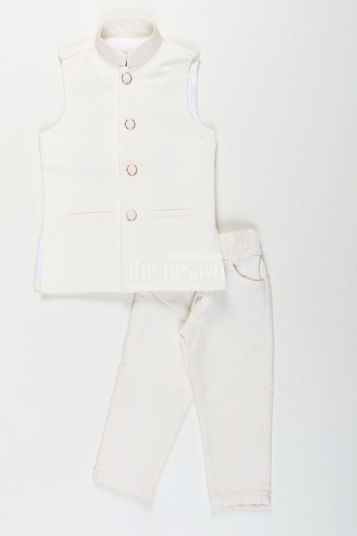 The Nesavu Boys Jacket Sets Boys navy jacket set with velvet floral embroidery and white kurta Nesavu Nesavu boys velvet jacket set in navy with white kurta and pants