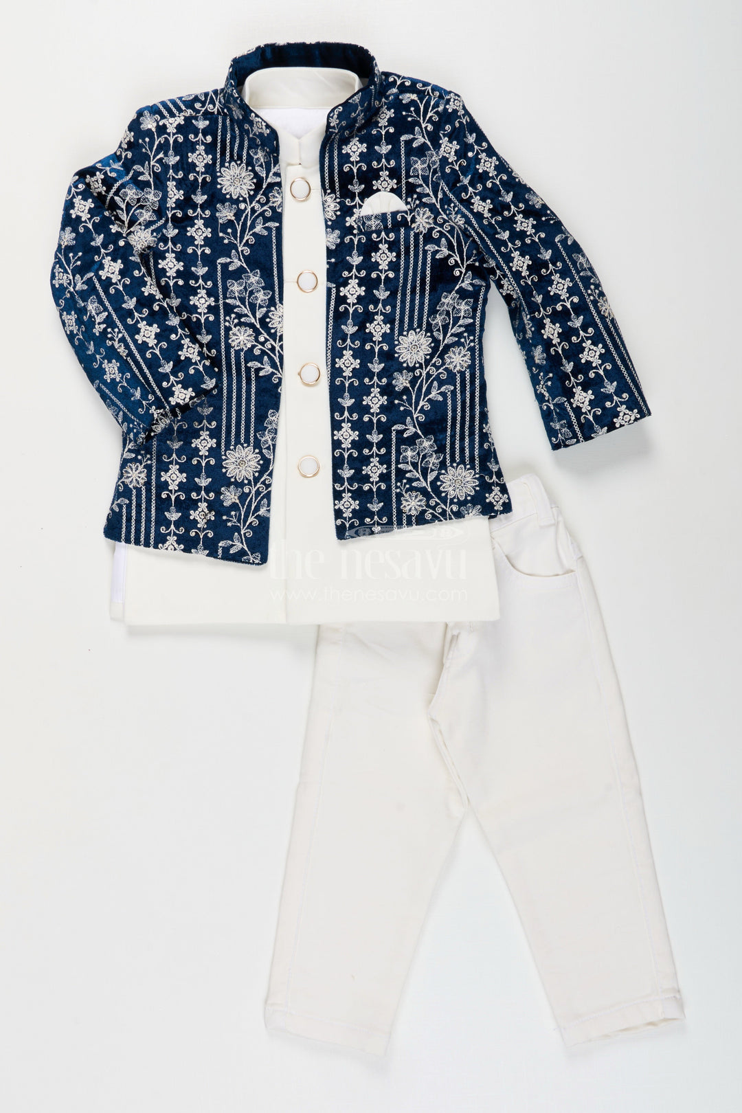 The Nesavu Boys Jacket Sets Boys navy jacket set with velvet floral embroidery and white kurta Nesavu Nesavu boys velvet jacket set in navy with white kurta and pants