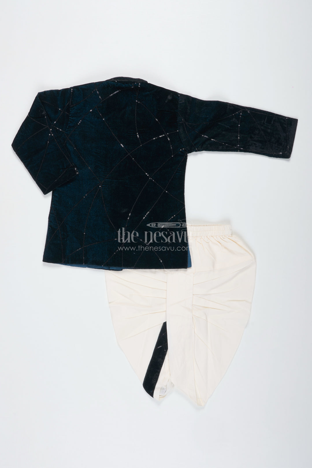 The Nesavu Boys Dothi Set Boys Navy Velvet Dhoti Set with Embroidery for Festive Occasions Nesavu Nesavu Boys Navy Velvet Embroidered Dhoti Set Traditional Festive Outfit Weddings Functions