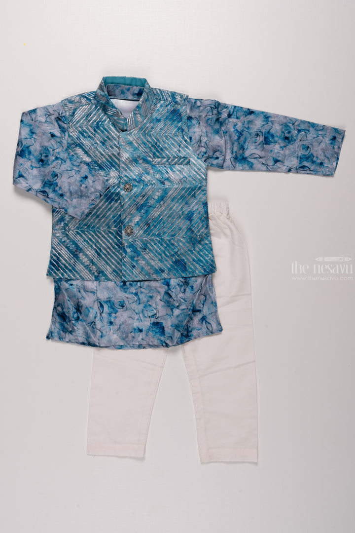 The Nesavu Boys Jacket Sets Boys Oceanic Blue Printed Ensemble with White Trousers & Ornate Brooch Detailing Nesavu 14 (6M) / Blue / Blend Silk BES431A-14 Celebrate in Style | Latest Boys Overcoat Kurta Pant Collection | The Nesavu