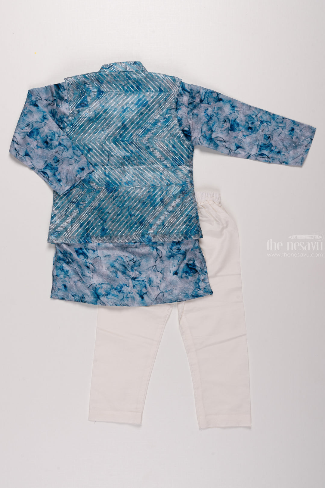 The Nesavu Boys Jacket Sets Boys Oceanic Blue Printed Ensemble with White Trousers & Ornate Brooch Detailing Nesavu Celebrate in Style | Latest Boys Overcoat Kurta Pant Collection | The Nesavu