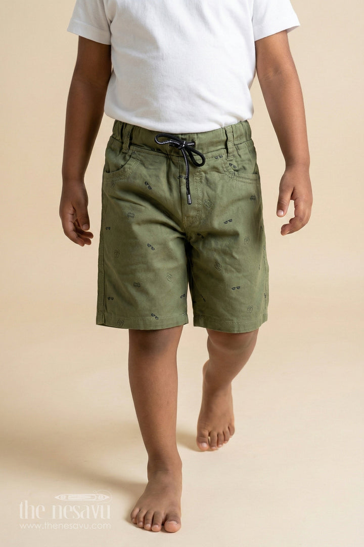 The Nesavu Boys Shorts Boys Olive Green Cotton Casual Shorts with All Over Digital Print and Front Pockets Nesavu 16 (1Y) / Green BWS019BA-16 Nesavu Boys Olive Cotton casual shorts Elastic Waistband Digital Print Detailing