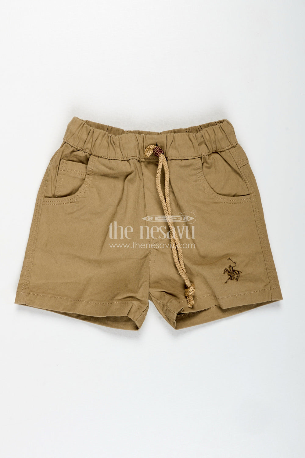 The Nesavu Boys Shorts Boys Olive Green Cotton Shorts with Embroidery and Front Pockets in Best Printed Shorts Style Nesavu 16 (1Y) / Green BWS008F-16 Nesavu Boys Olive Green Cotton Shorts Embroidery Adjustable Waist Printed Shorts Style