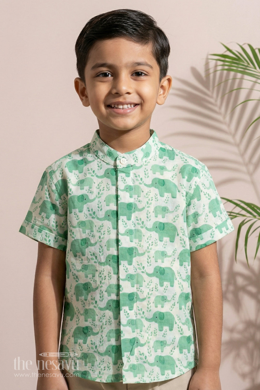 The Nesavu Boys Cotton Shirt Boys Olive Green Half Sleeve Shirt in Cotton Block Print with Adorable Elephant Design Nesavu 16 (1Y) / Green BS242C-16 Boys Olive Green Half Sleeve Shirt Cotton Block Print Cute Elephant Print | The Nesavu