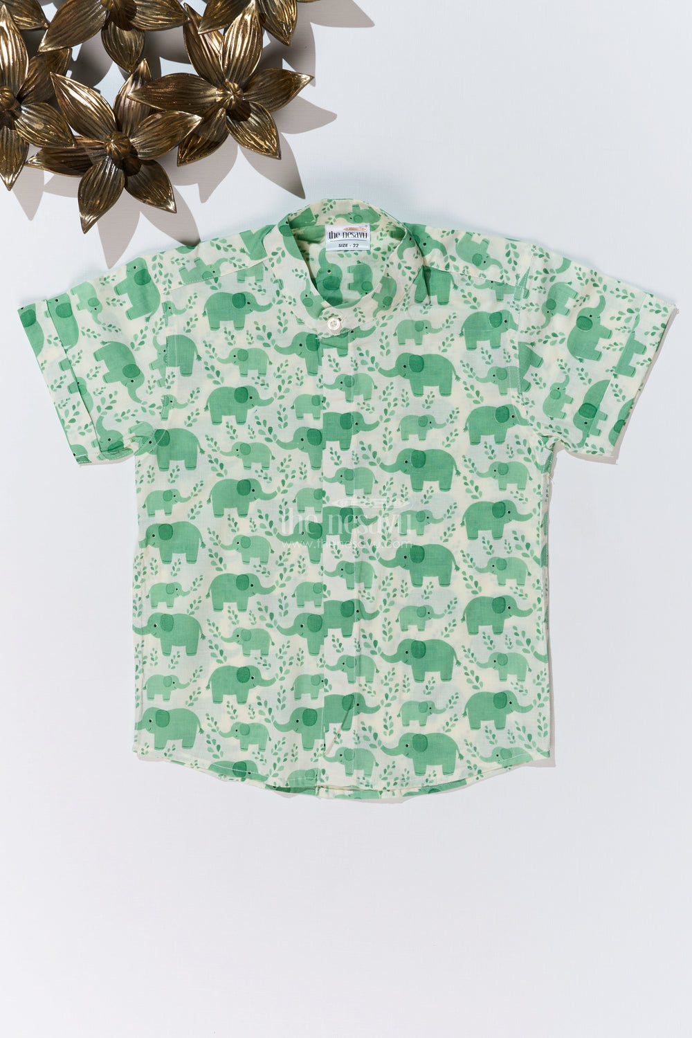The Nesavu Boys Cotton Shirt Boys Olive Green Half Sleeve Shirt in Cotton Block Print with Adorable Elephant Design Nesavu 16 (1Y) / Green BS242C-16 Nesavu Boys Olive Green Half Sleeve Shirt Cotton Block Print Cute Elephant Print