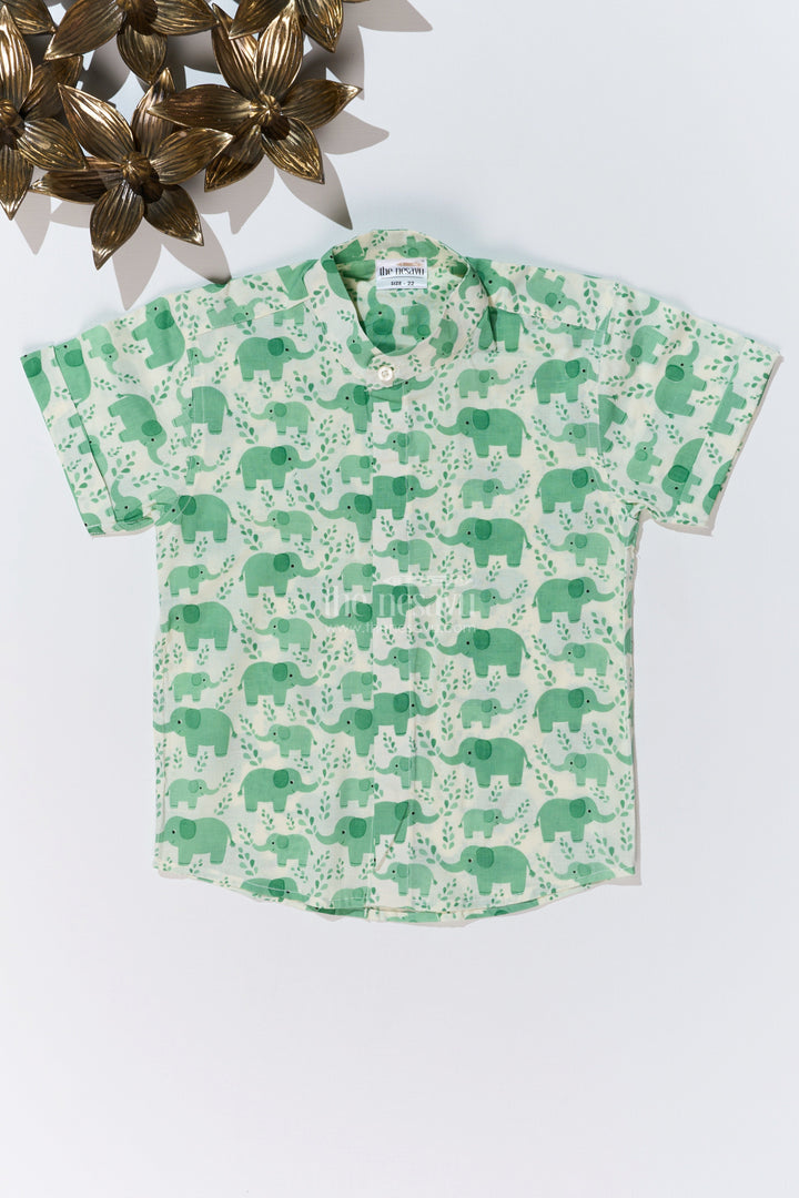 The Nesavu Boys Cotton Shirt Boys Olive Green Half Sleeve Shirt in Cotton Block Print with Adorable Elephant Design Nesavu 16 (1Y) / Green BS242C-16 Nesavu Boys Olive Green Half Sleeve Shirt Cotton Block Print Cute Elephant Print