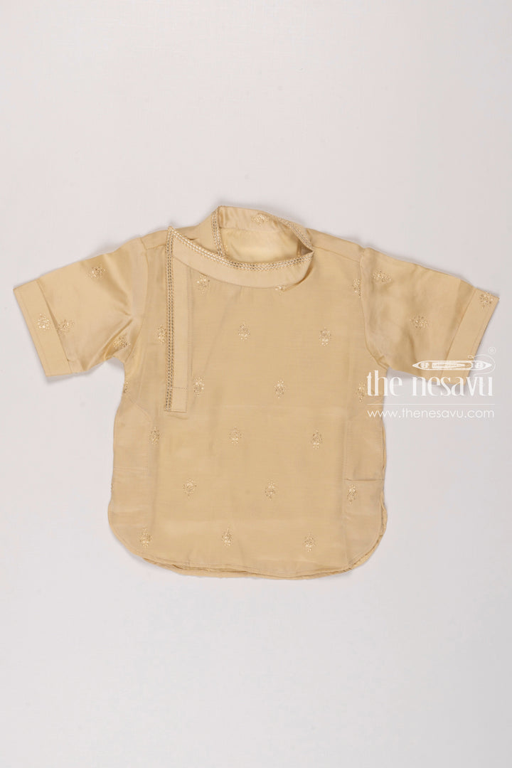 The Nesavu Boys Kurtha Shirt Boys Opulent GoldToned Silk Kurta Shirt with Embroidery Nesavu 16 (1Y) / Yellow / Blend Silk BS122B-16 Boys Silk Embroidered Kurta Shirt | Festive Gold Toned Attire for Kids | The Nesavu