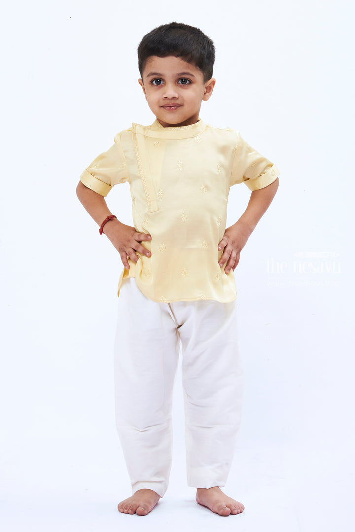 The Nesavu Boys Kurtha Shirt Boys Opulent GoldToned Silk Kurta Shirt with Embroidery Nesavu 16 (1Y) / Yellow / Blend Silk BS122B-16 Boys Silk Embroidered Kurta Shirt | Festive Gold Toned Attire for Kids | The Nesavu