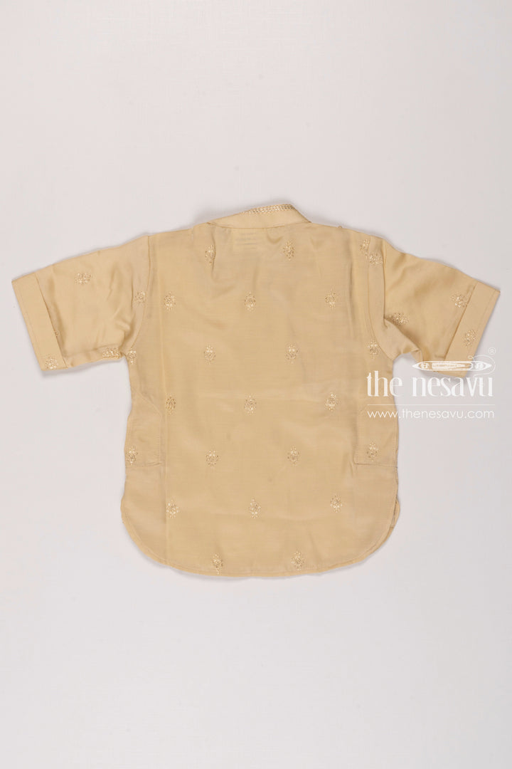 The Nesavu Boys Kurtha Shirt Boys Opulent GoldToned Silk Kurta Shirt with Embroidery Nesavu Boys Silk Embroidered Kurta Shirt | Festive Gold Toned Attire for Kids | The Nesavu