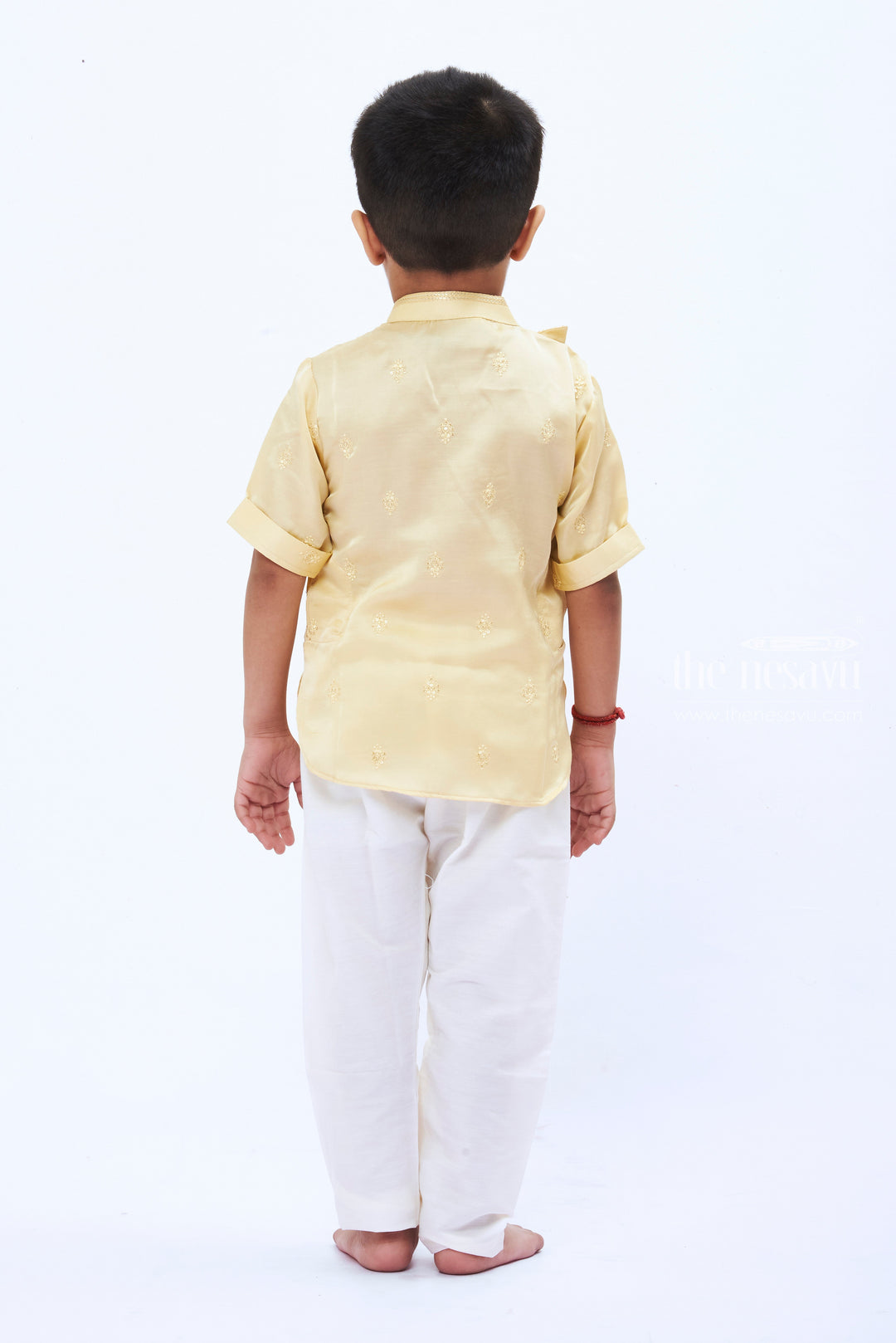 The Nesavu Boys Kurtha Shirt Boys Opulent GoldToned Silk Kurta Shirt with Embroidery Nesavu Boys Silk Embroidered Kurta Shirt | Festive Gold Toned Attire for Kids | The Nesavu