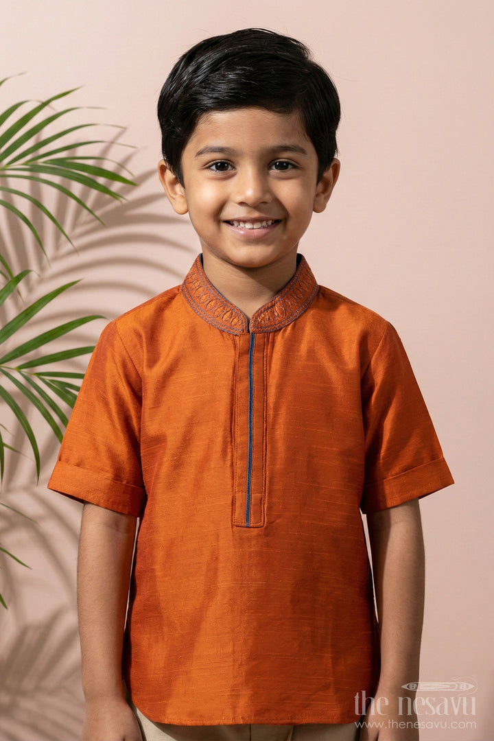 The Nesavu Boys Kurtha Shirt Boys Orange Cotton Blend Shirt with Embellished Neckline Detailing and Casual Dress Shirts Look Nesavu 16 (1Y) / Orange BS142B-16 Nesavu Boys Orange Cotton Blend Shirt Decorative Collar casual dress shirts Appeal