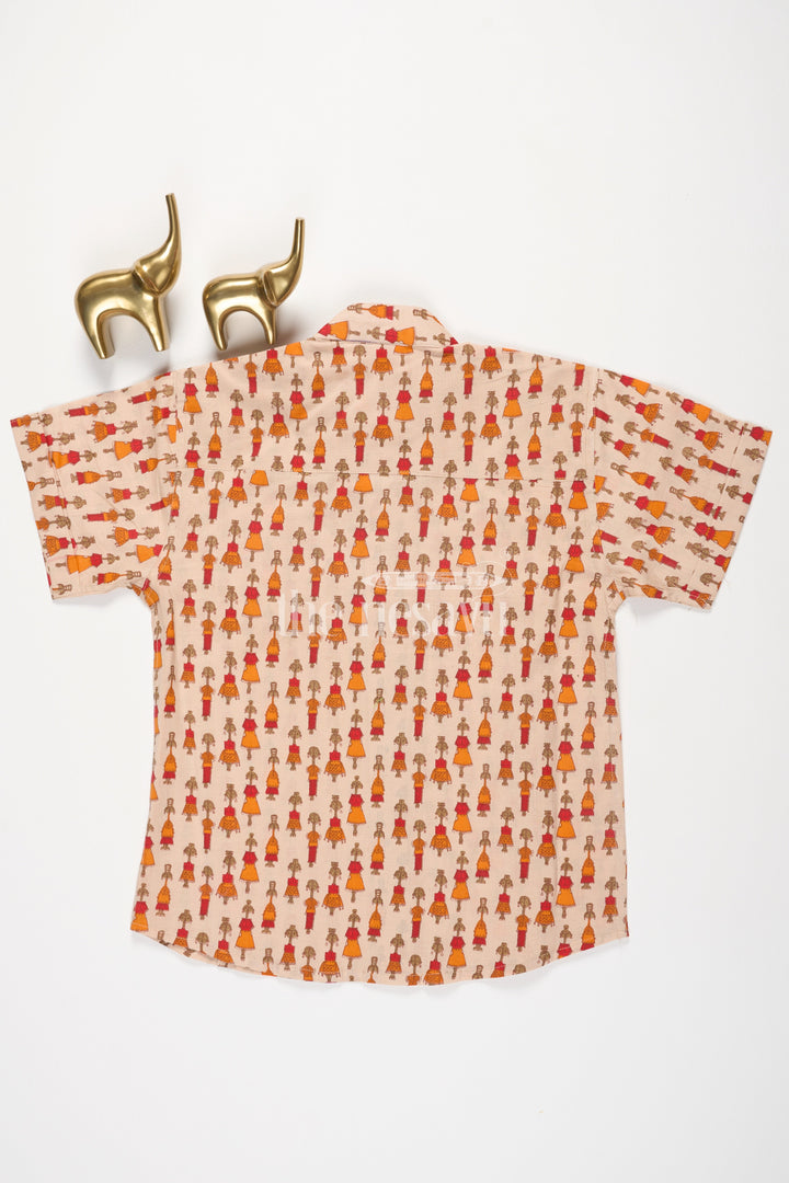 The Nesavu Boys Cotton Shirt Boys Orange Cotton Shirt with Little Girl Print for Casual Outings and Festive Occasions Nesavu Nesavu Boys Orange Cotton Shirt Colorful Little Girl Print Casual Festive Occasions