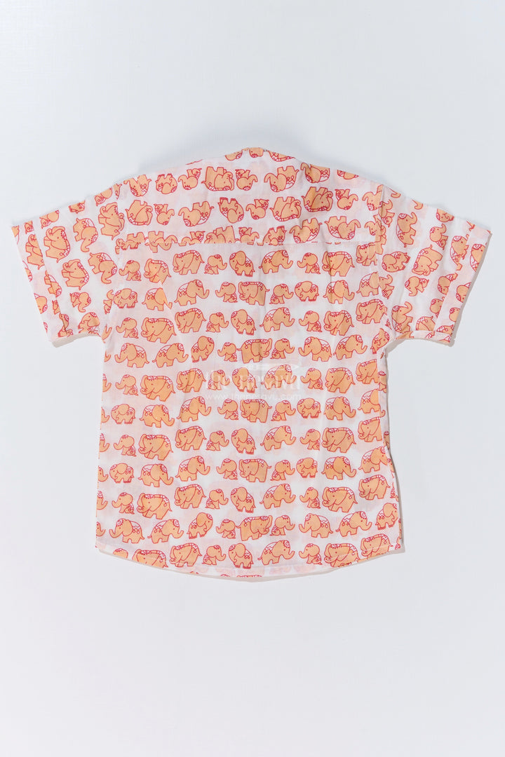 The Nesavu Boys Cotton Shirt Boys Orange Half Shirt in Cotton Block Print with Playful Elephant Motif Nesavu Nesavu Boys Orange Half Shirt Cotton Block Print Playful Elephant Print