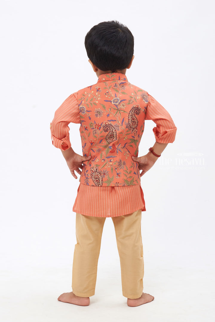 The Nesavu Boys Jacket Sets Boys Orange Paisley Embroidered Kurtha with Striped Jacket & Beige Trousers Nesavu Royal Kurta and Jacket Combo | Paired with Perfect Pants | The Nesavu