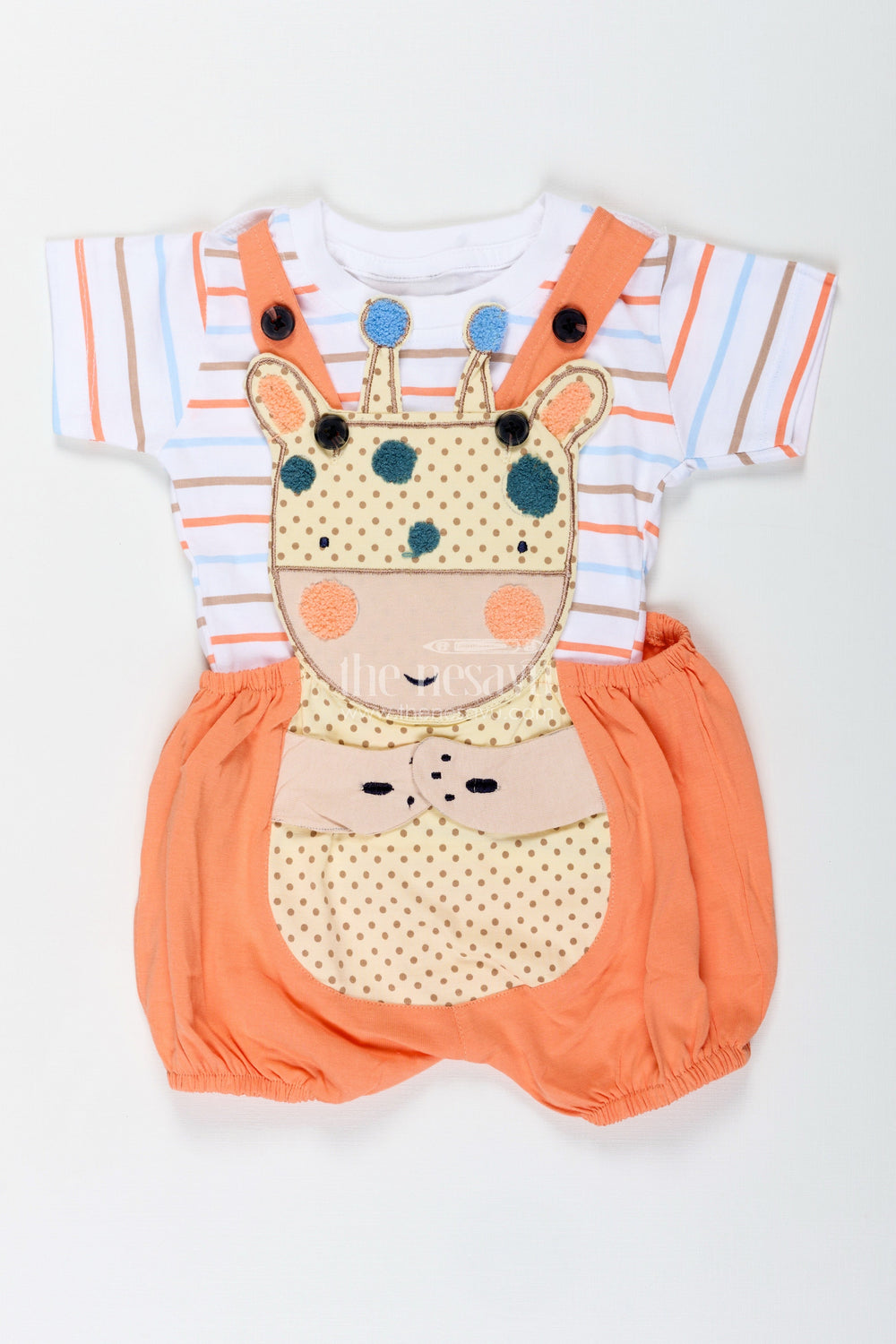 The Nesavu Boys Casual Set Boys Orange Shirt and Short Set with Giraffe Patch and Striped Tee for Bright and Breezy Casual Wear Nesavu 14 (6M) / Orange BCS288B-14 Nesavu Boys Orange Shirt Short Set Giraffe Patch Soft Cotton Striped Tee Playful Days