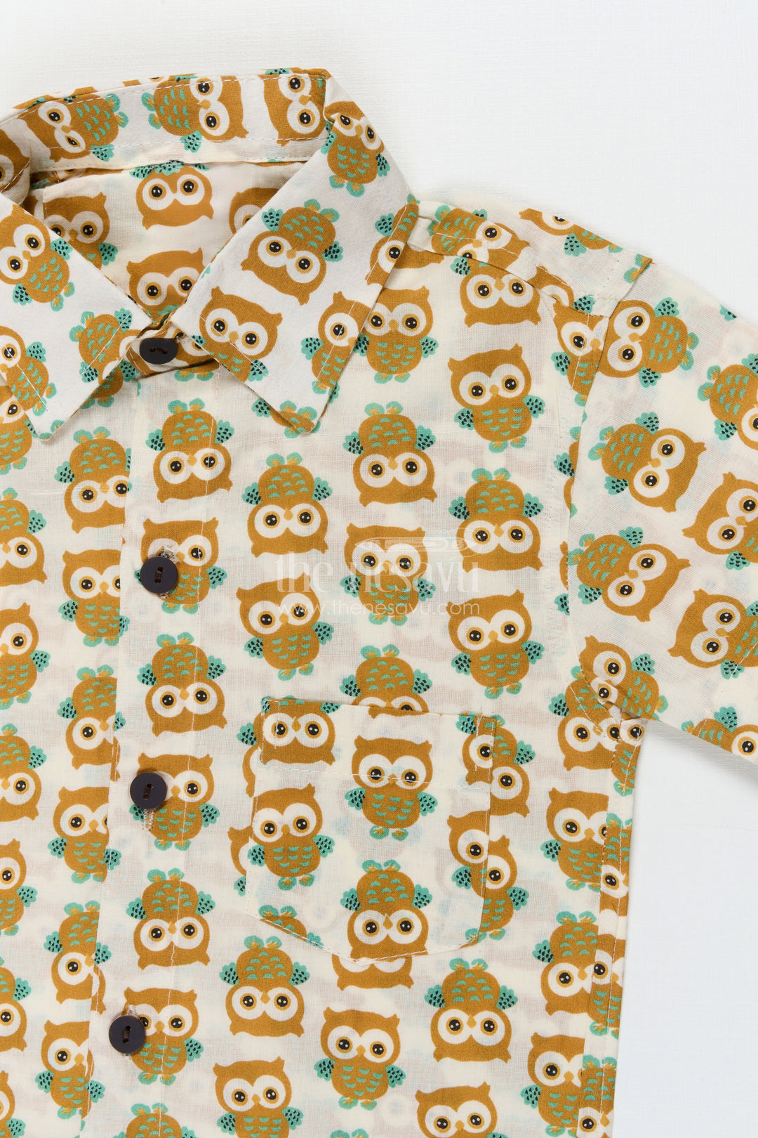 The Nesavu Boys Cotton Shirt Boys Owl Print Cotton Shirt for Casual Outings and Curious Minds Nesavu Nesavu boys cotton shirt with owl print for playful days, school wear and storytime fun
