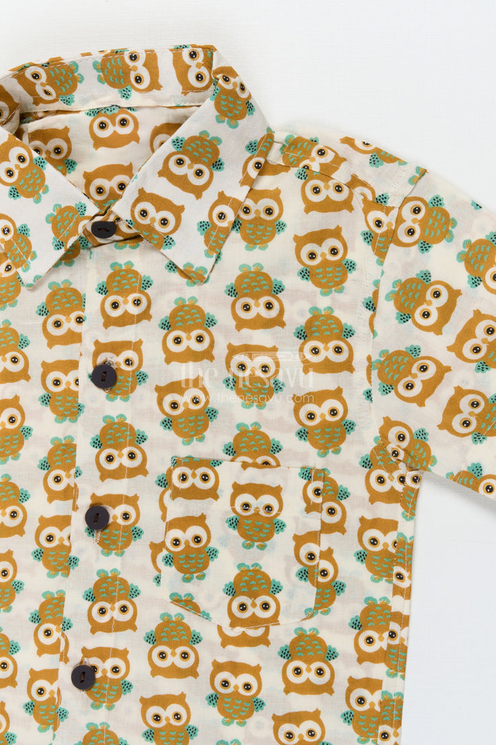 The Nesavu Boys Cotton Shirt Boys Owl Print Cotton Shirt for Casual Outings and Curious Minds Nesavu Nesavu boys cotton shirt with owl print for playful days, school wear and storytime fun