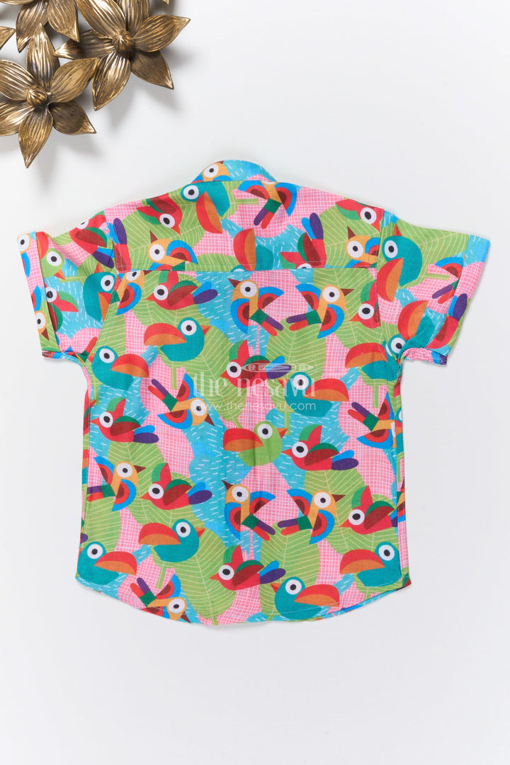 The Nesavu Boys Linen Shirt Boys Parrot Print Linen Shirt for Birthday Parties and Weekend Fun Nesavu Nesavu boys parrot digital print linen shirt birthday celebrations cheerful casual wear