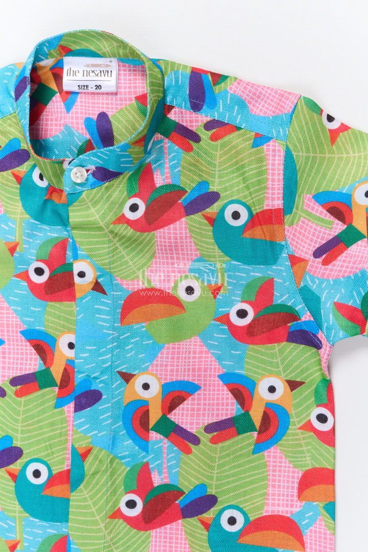 The Nesavu Boys Linen Shirt Boys Parrot Print Linen Shirt for Birthday Parties and Weekend Fun Nesavu Nesavu boys parrot digital print linen shirt birthday celebrations cheerful casual wear