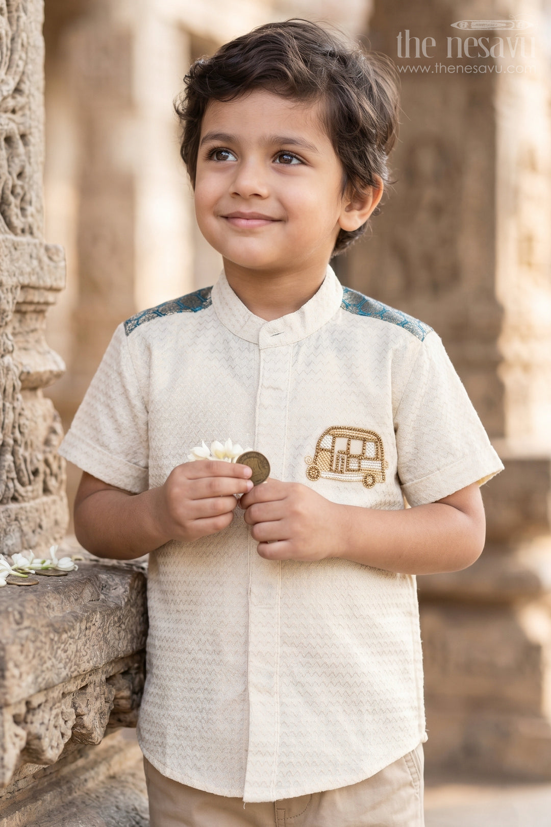 The Nesavu Boys Cotton Shirt Boys Party Shirt for Birthday and Outings Nesavu 16 (1Y) / Gold / Cotton BS508A-16 Nesavu Boys Party Shirt For Birthday And Outings With Textured Cotton And Fun Applique Detail BS508A-16