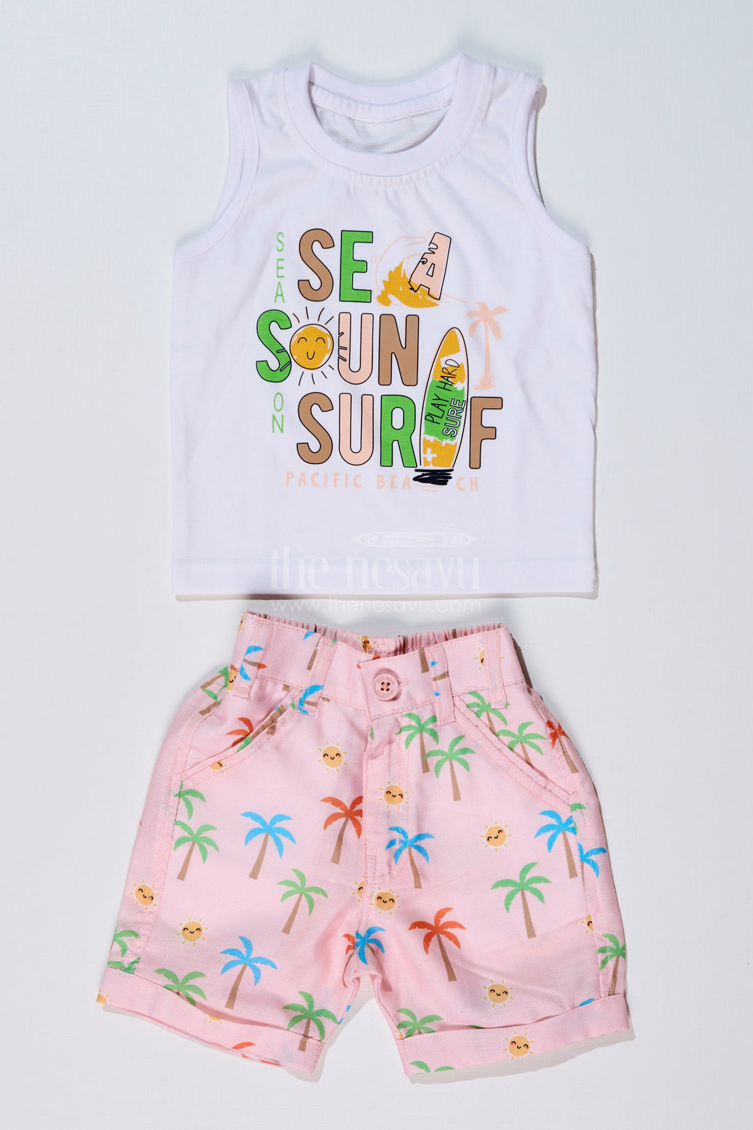 The Nesavu Boys Casual Set Boys Party Wear Casual Shirts with Tropical Printed Shorts and Surf Theme T-Shirt Nesavu Nesavu Boys Party Wear Casual Shirts Tropical Printed Shorts Surf Graphic T-Shirt