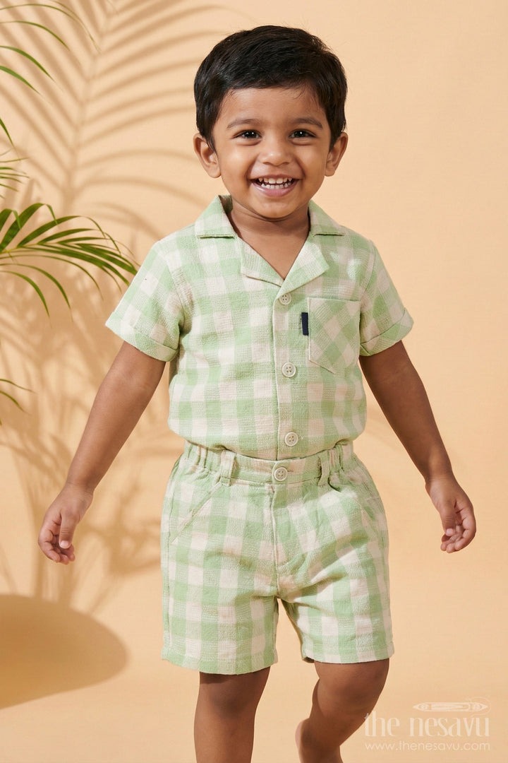 The Nesavu Boys Casual Set Boys Party Wear Dress with Green Checked Shirt, Matching Shorts, and Printed T-Shirt Nesavu 14 (6M) / Green BCS206B-14 Boys Party Wear Dress Green Checked Shirt Shorts Printed T-Shirt | The Nesavu