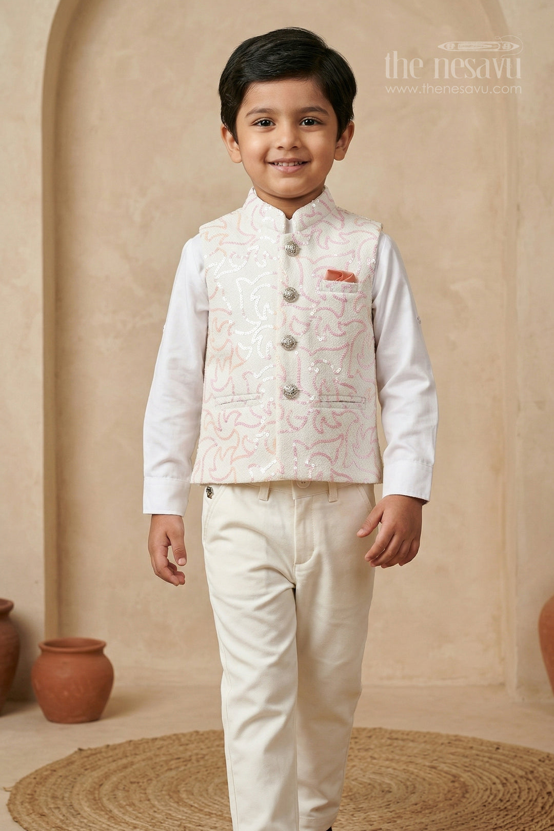 The Nesavu Boys Jacket Sets Boys Party Wear Jacket Set for Weddings and Special Occasions Nesavu 16 (1Y) / Half white / Viscose BES973A-16 Nesavu boys party wear jacket set for weddings and special occasions with sequin embroidery and formal style