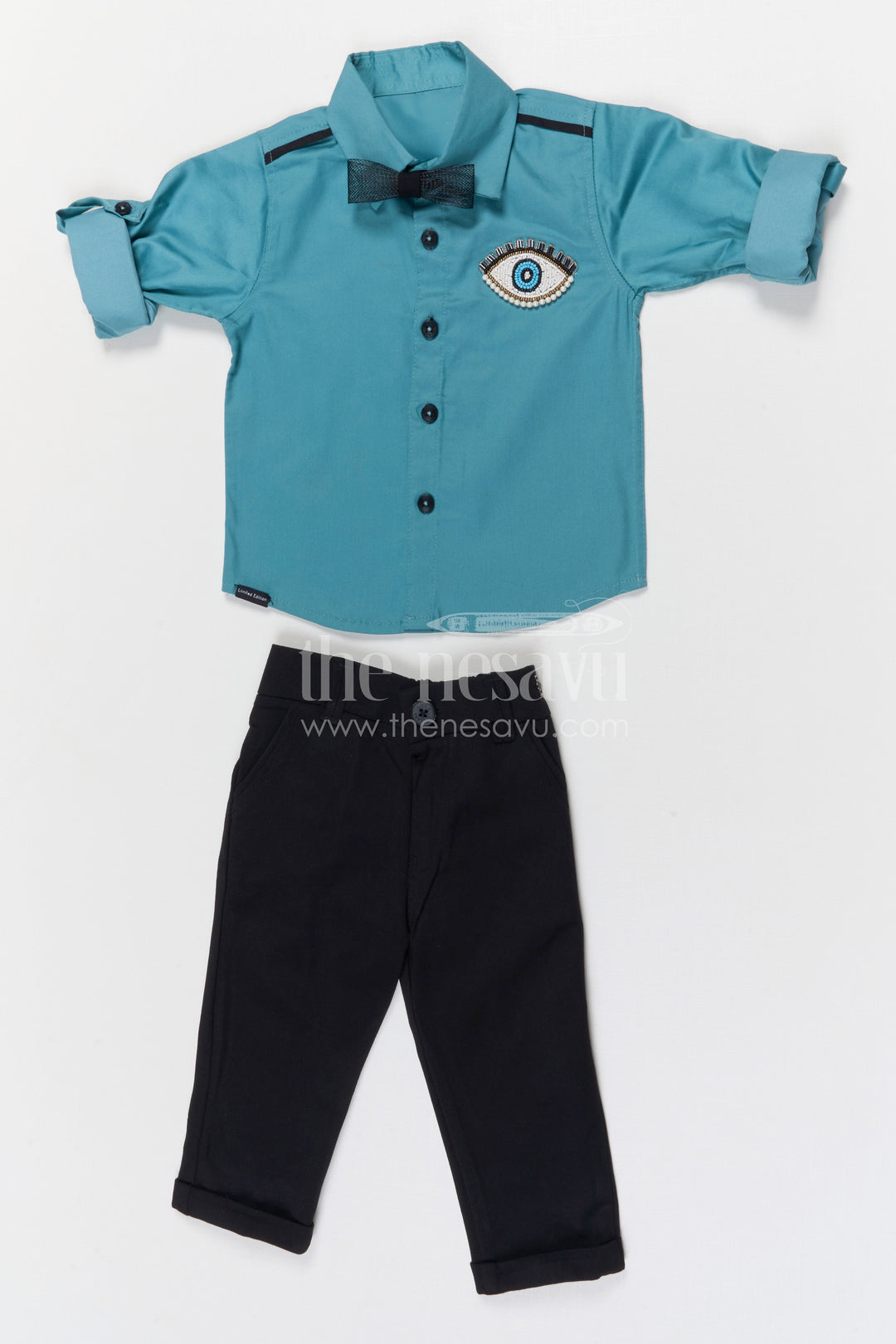 The Nesavu Boys Casual Set Boys Party Wear Shirt and Pant Set for Birthdays and Celebrations Nesavu 16 (1Y) / Teal / Satin BCS562A-16 Nesavu boys satin shirt and lycra pant set for birthday parties festive celebrations and special occasions
