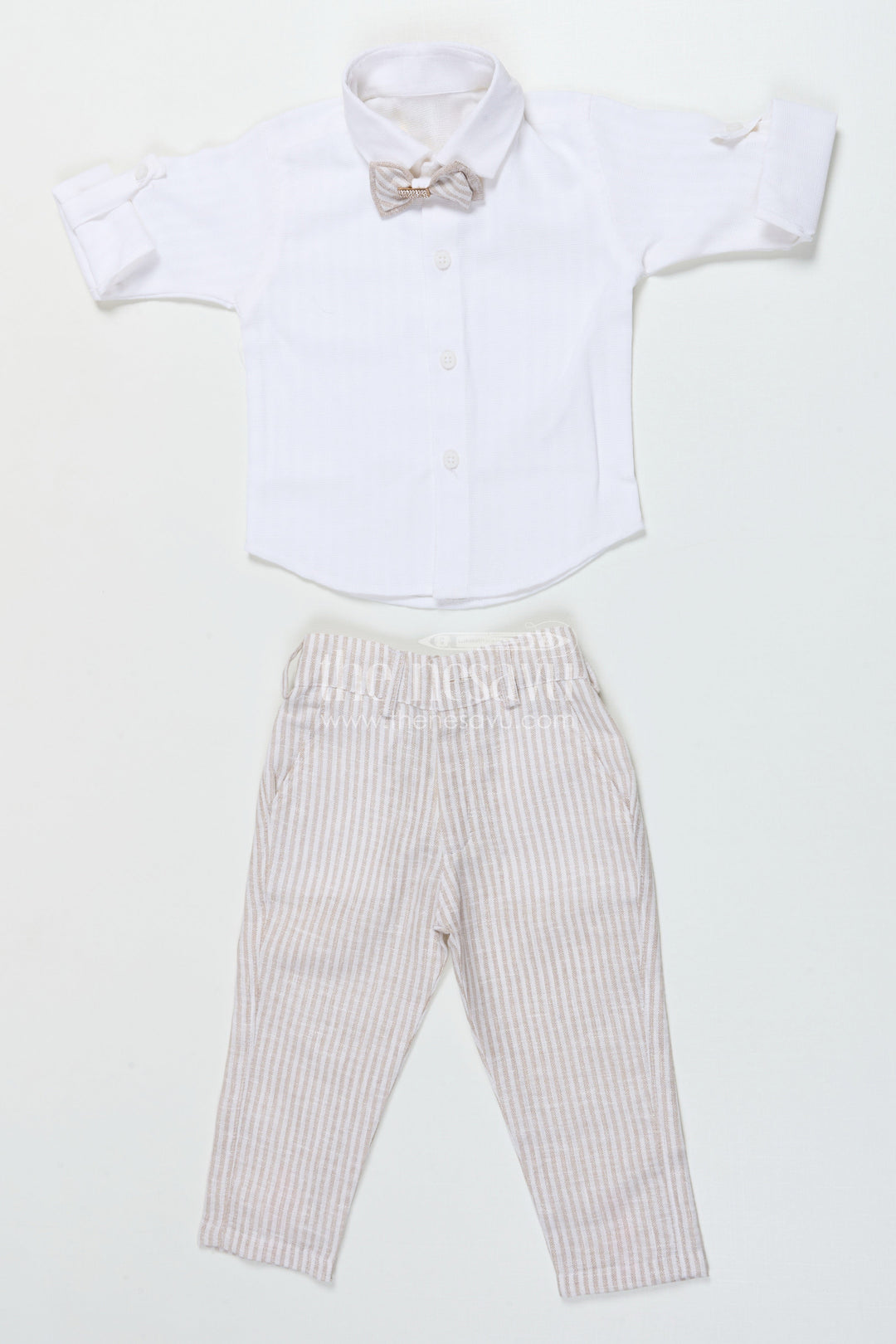 The Nesavu Boys Casual Set Boys Partywear Set with Striped Waistcoat and Bow Tie Nesavu Nesavu boys cotton partywear waistcoat set with stripes and bow tie for celebrations