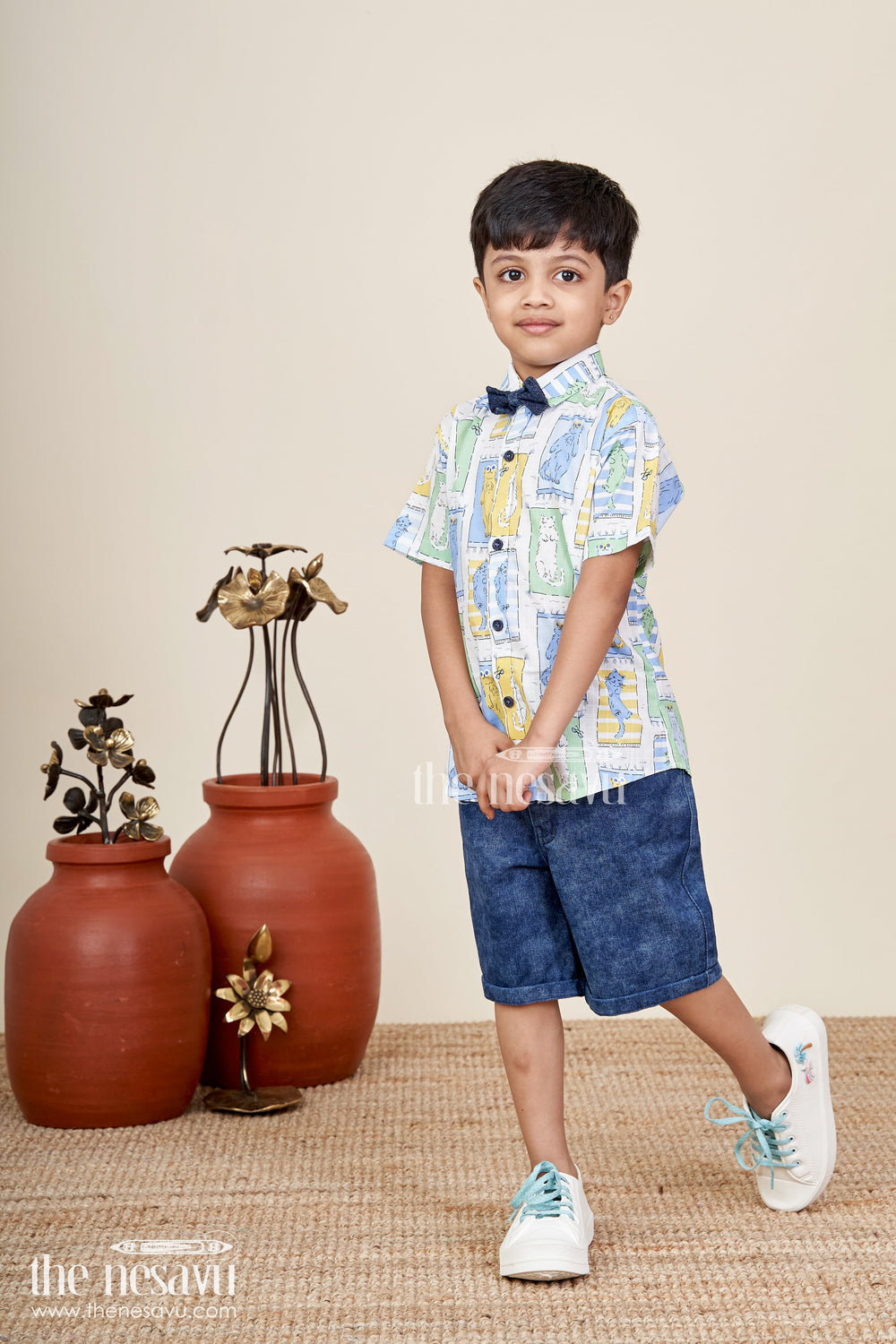 The Nesavu Boys Casual Set Boys pastel cat print shirt and denim shorts set Nesavu Nesavu boys pastel cat print shirt and denim shorts set cute summer casual outfit