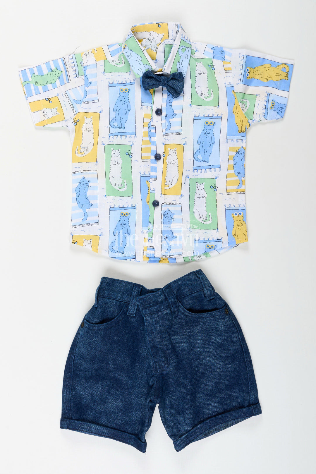 The Nesavu Boys Casual Set Boys pastel cat print shirt and denim shorts set Nesavu Nesavu boys pastel cat print shirt and denim shorts set cute summer casual outfit