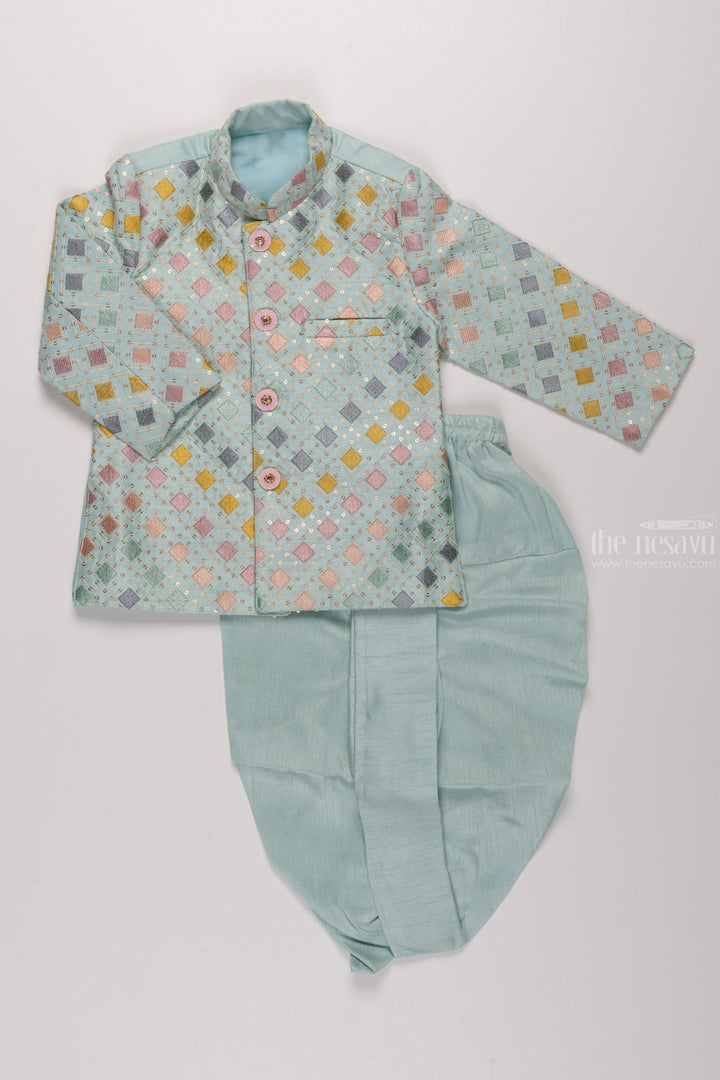 The Nesavu Boys Dothi Set Boys Pastel Green Sequined Kurta and Panchagajam Set with Multi-Colored Embroidery Nesavu 12 (3M) / Green / Blend Silk BES440B-12 Boys Sequin-Embroidered Kurta & Panchagajam Set | Multicolored Diamond Pattern | The Nesavu