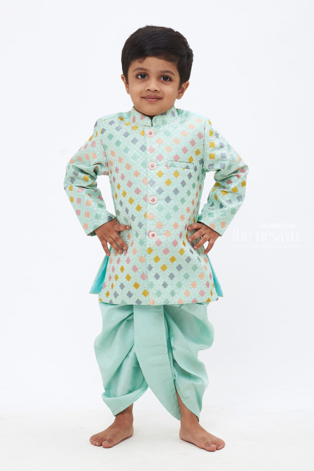 The Nesavu Boys Dothi Set Boys Pastel Green Sequined Kurta and Panchagajam Set with Multi-Colored Embroidery Nesavu 12 (3M) / Green / Blend Silk BES440B-12 Boys Sequin-Embroidered Kurta & Panchagajam Set | Multicolored Diamond Pattern | The Nesavu