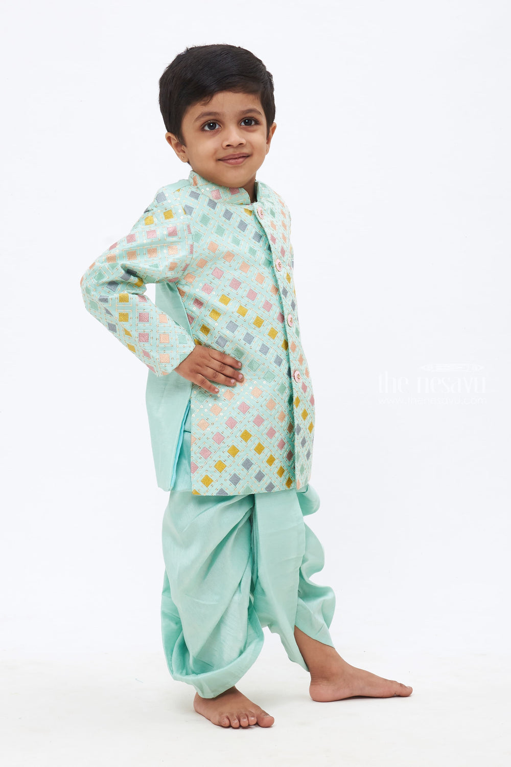 The Nesavu Boys Dothi Set Boys Pastel Green Sequined Kurta and Panchagajam Set with Multi-Colored Embroidery Nesavu Boys Sequin-Embroidered Kurta & Panchagajam Set | Multicolored Diamond Pattern | The Nesavu