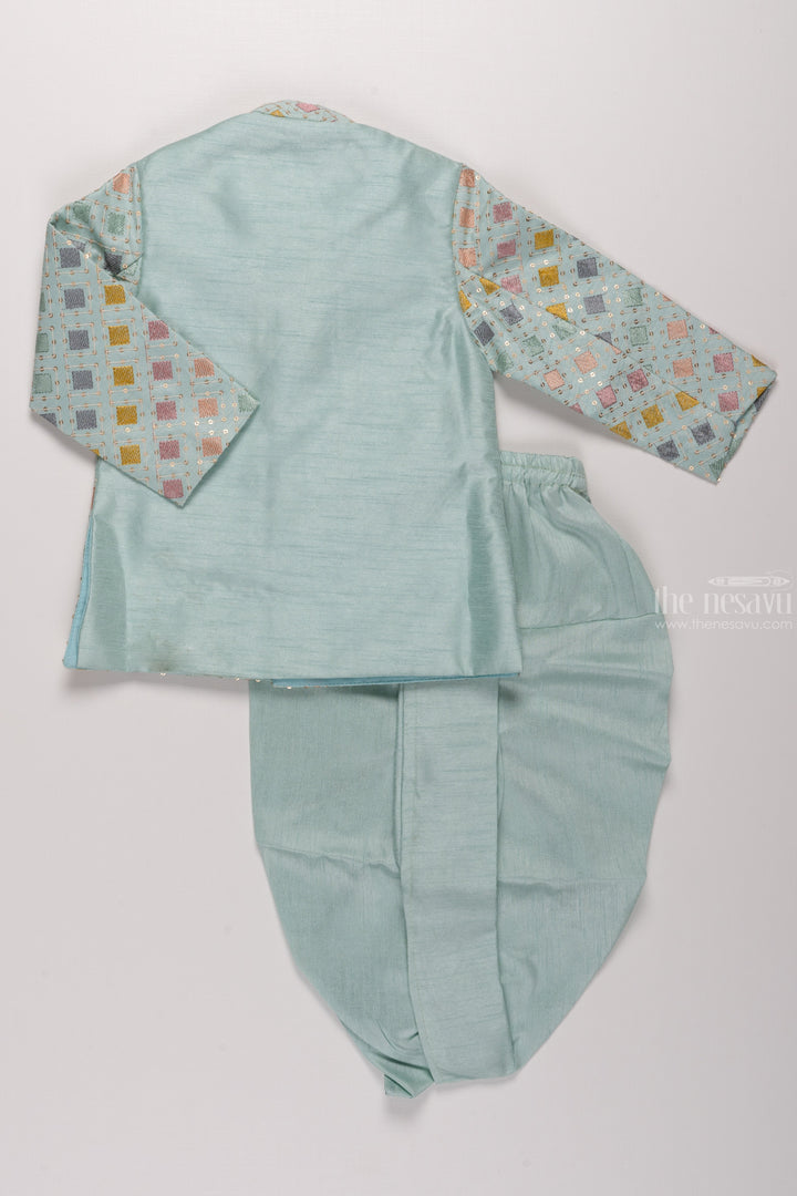 The Nesavu Boys Dothi Set Boys Pastel Green Sequined Kurta and Panchagajam Set with Multi-Colored Embroidery Nesavu Boys Sequin-Embroidered Kurta & Panchagajam Set | Multicolored Diamond Pattern | The Nesavu