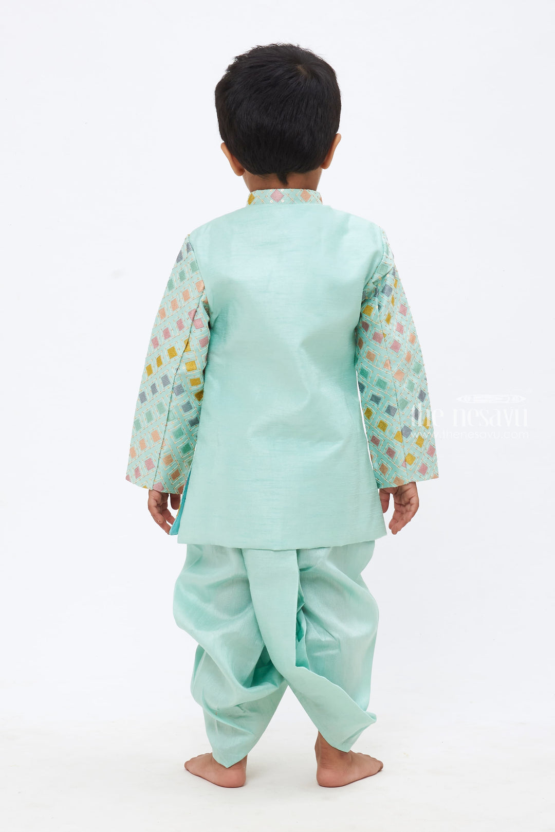 The Nesavu Boys Dothi Set Boys Pastel Green Sequined Kurta and Panchagajam Set with Multi-Colored Embroidery Nesavu Boys Sequin-Embroidered Kurta & Panchagajam Set | Multicolored Diamond Pattern | The Nesavu