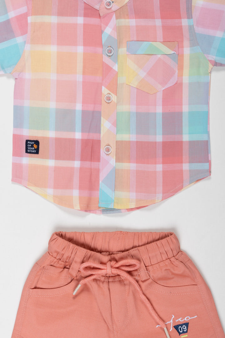 The Nesavu Boys Casual Set Boys Pastel Plaid Shirt and Coral Shorts Set Nesavu Chic Boys Pastel Plaid Shirt  Coral Shorts Combo | Summer Must Have | The Nesavu