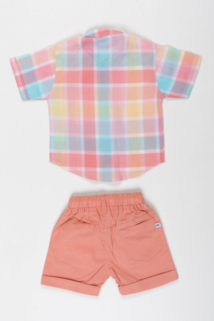 The Nesavu Boys Casual Set Boys Pastel Plaid Shirt and Coral Shorts Set Nesavu Chic Boys Pastel Plaid Shirt  Coral Shorts Combo | Summer Must Have | The Nesavu