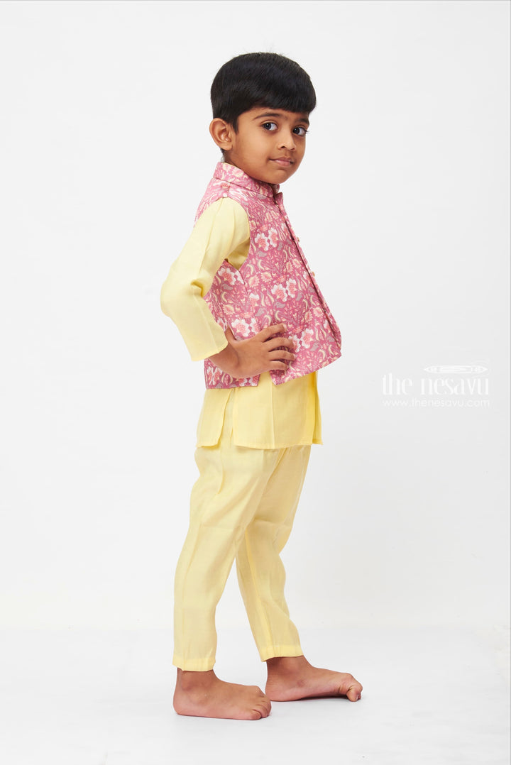 The Nesavu Boys Jacket Sets Boys Pastel Yellow and Pink Floral Overcoat Kurta Set with Pant Nesavu Pastel Traditional Outfit for boys | Kurta Set for Children | The Nesavu