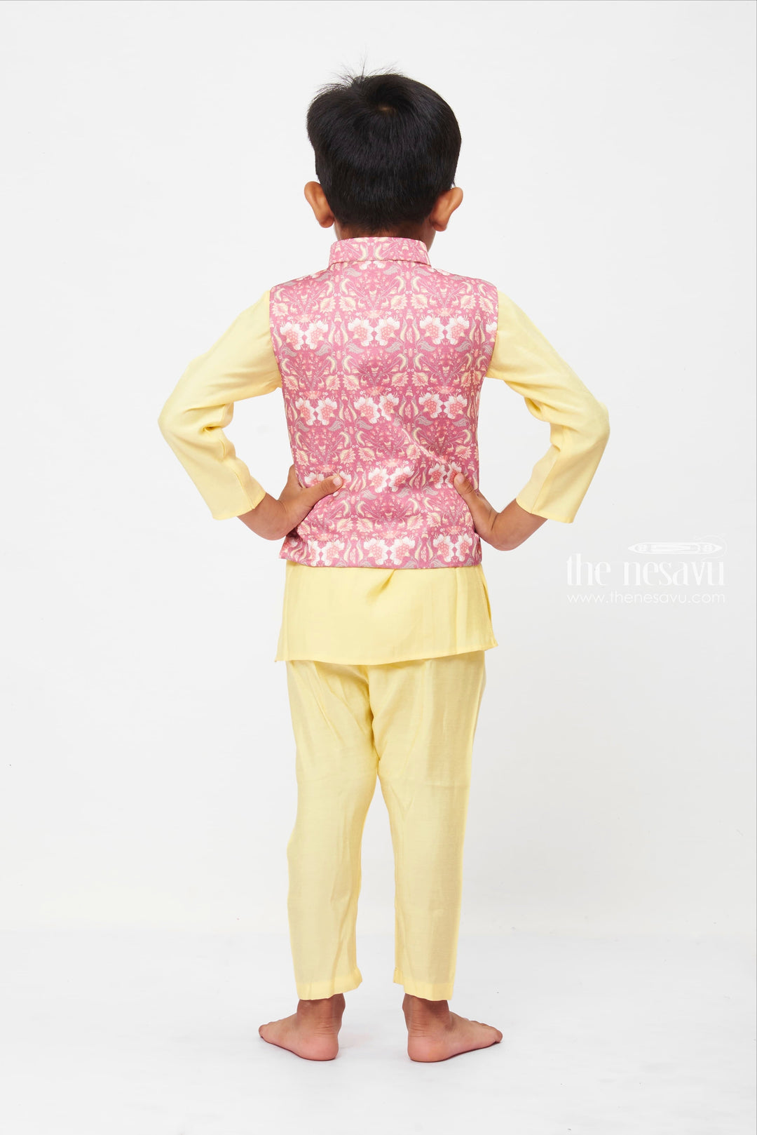 The Nesavu Boys Jacket Sets Boys Pastel Yellow and Pink Floral Overcoat Kurta Set with Pant Nesavu Pastel Traditional Outfit for boys | Kurta Set for Children | The Nesavu