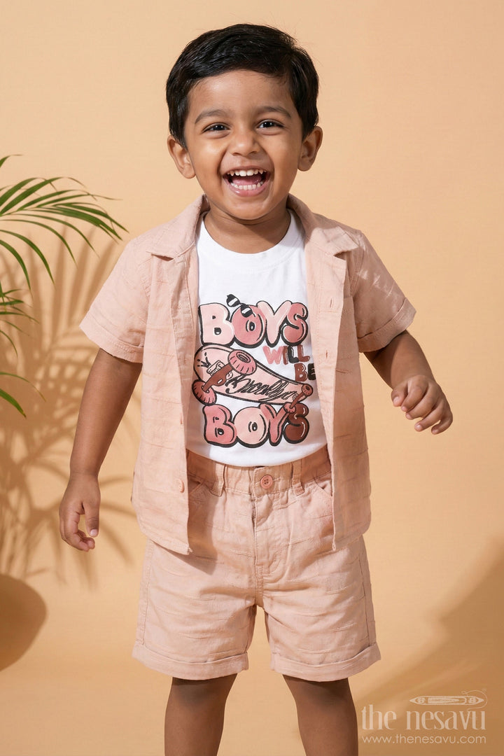The Nesavu Boys Casual Set Boys Peach Casual Set with Button-Down Shirt, Graphic T-Shirt, and Matching Shorts Nesavu 14 (6M) / Peach BCS163B-14 Nesavu Boys Peach Casual Set Graphic T-Shirt Button-Down Shirt Matching Shorts Summer Outings
