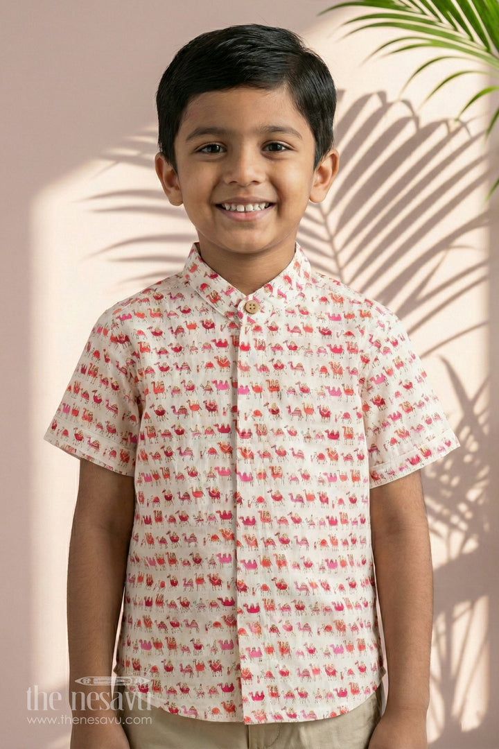 The Nesavu Boys Cotton Shirt Boys Peach Cotton Shirt with Colorful Camel Print for Whimsical Casual Wear Nesavu 16 (1Y) / Peach BS173B-16 Nesavu Boys Peach Cotton Shirt Camel Print Fun Stylish Casual Wear