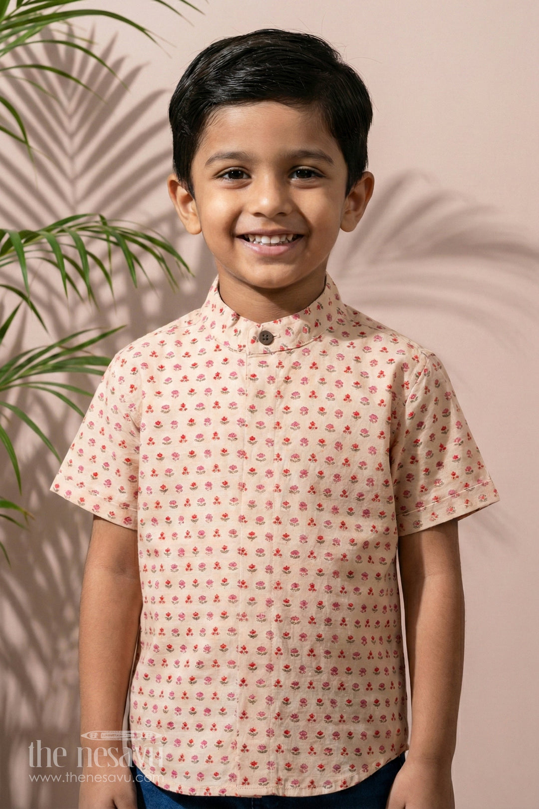 The Nesavu Boys Cotton Shirt Boys Peach Cotton Shirt with Delicate Red Floral Print and Short Sleeves Nesavu 16 (1Y) / Peach BS174B-16 Nesavu Boys Peach Cotton Shirt Red Bird Print Short Sleeves Everyday Comfort