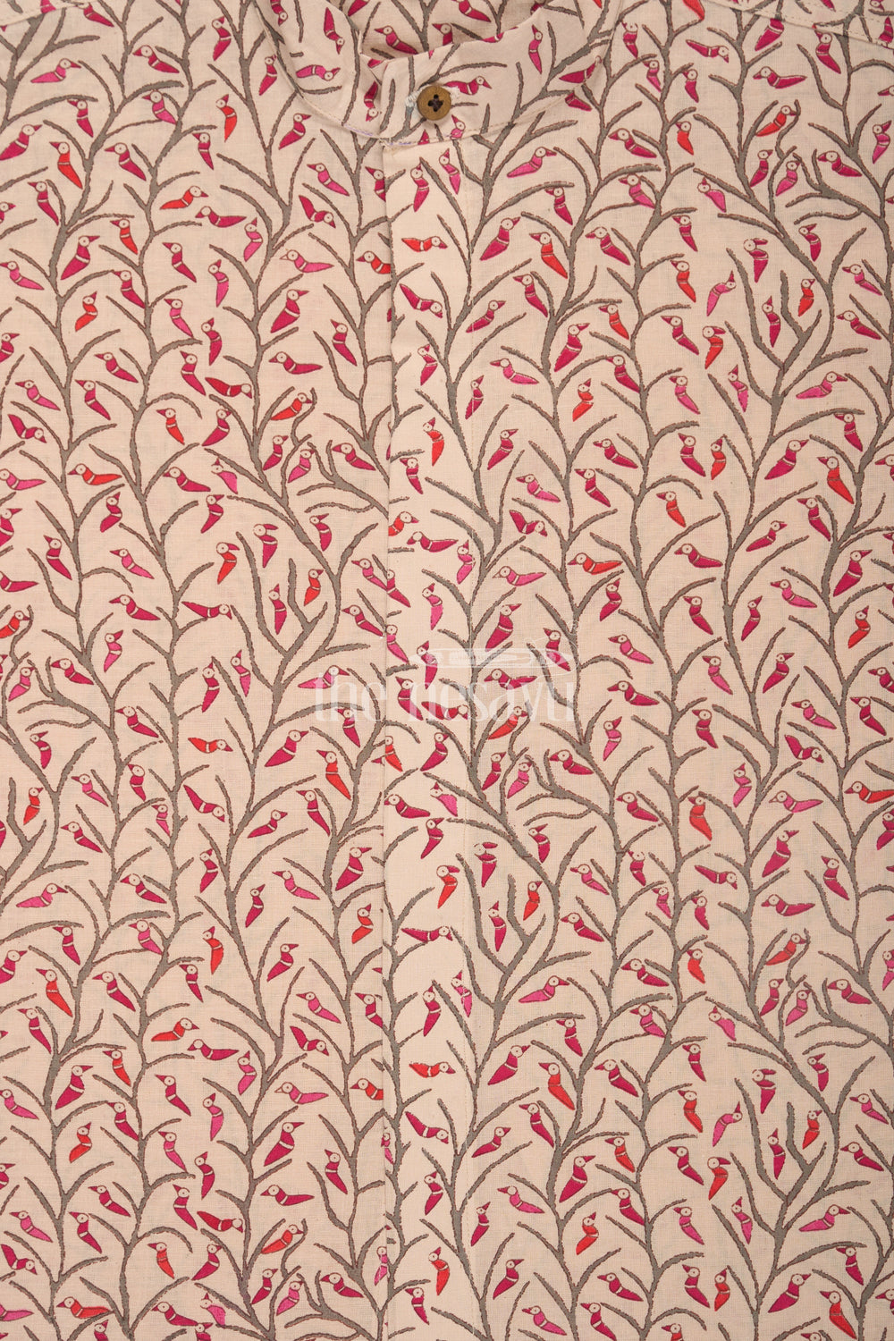The Nesavu Boys Cotton Shirt Boys Peach Cotton Shirt with Red Bird Print and Mandarin Collar for Casual Wear Nesavu Nesavu Boys Peach Cotton Shirt Red Bird Print Short Sleeves Casual Outings
